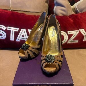 Hale Bob Black and Tan Peep-Toe Heels